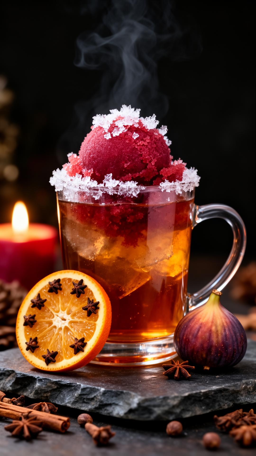 A warm amber rum cocktail in a glass mug topped with a red-orange granita quenelle