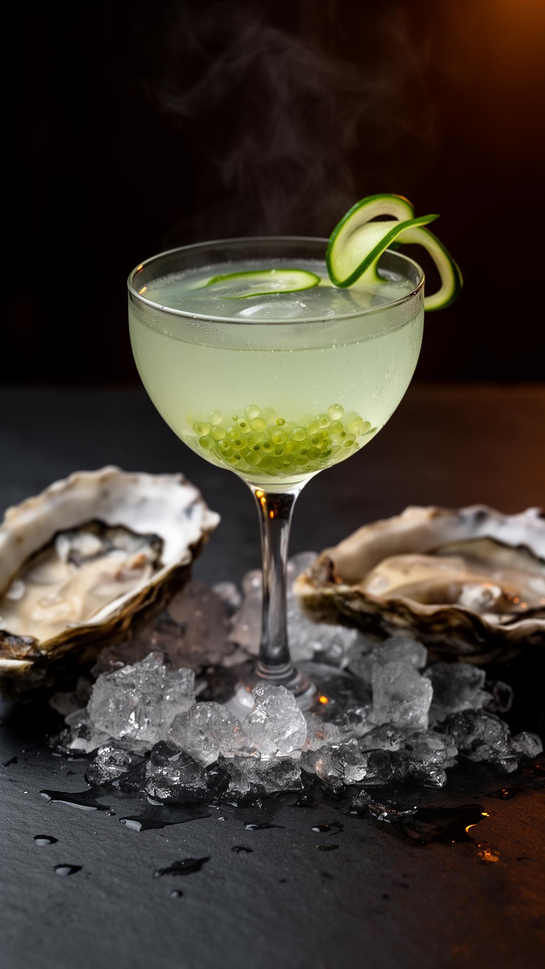 A pale jade cocktail on crushed ice beside two oysters on the half shell
