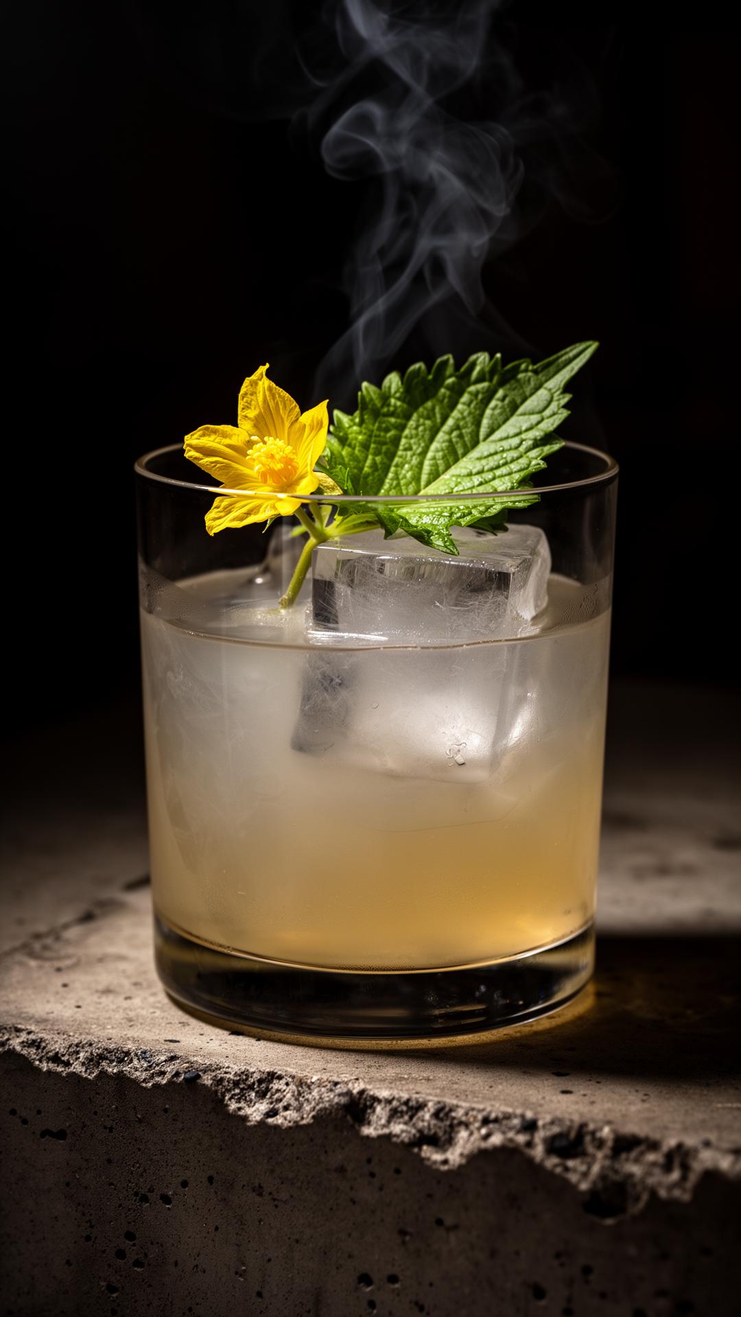 A smoky pale cocktail with a yellow Szechuan buzz button and shiso leaf on dark concrete