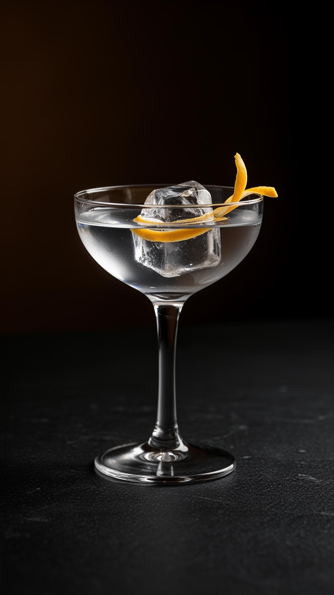 A Nick and Nora glass holding a perfectly clear cocktail with a single citrus twist